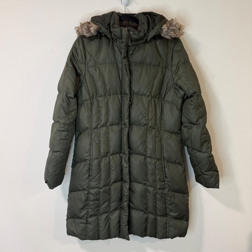 Eddie Bauer Womens Lodge Down Parka Medium Green Faux Fur Hood Puffer Longline